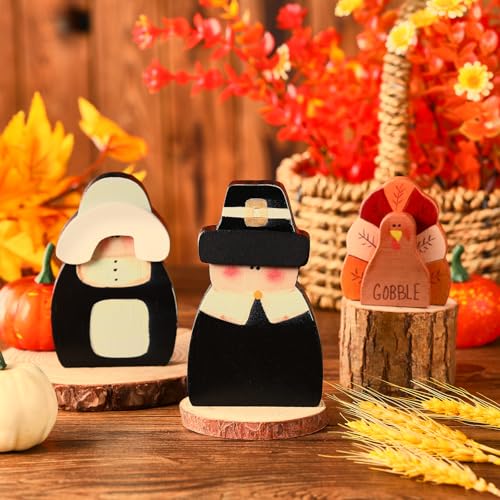 Colingmill 3 Pcs Fall Thanksgiving Decorations Fall Wooden Turkey Pilgrim Couple Table Sign Thanksgiving Standing Tabletop Decor for Autumn Harvest Indoor Tabletop(Turkey)