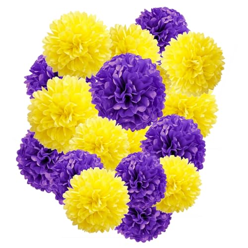 Capesaro Purple Yellow Tissue Paper Pom PomsοΌ12PCS Tissue Paper Flowers for Basketball Sport Theme Party Birthday, Graduation Decorations, Football Party Supplies for Men Boys Adults Sports Theme