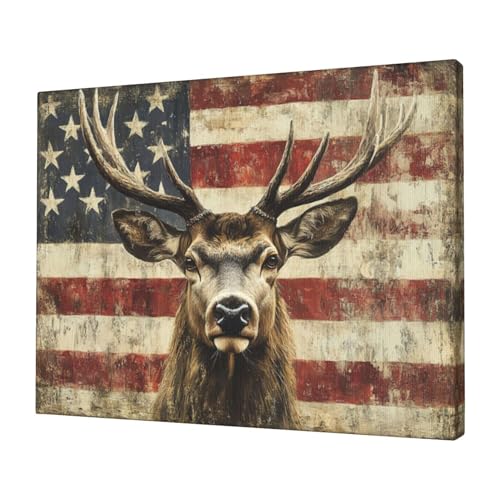 Deer Canvas Wall Art Old Vintage American Flag Elk Painting Stag Rustic Pictures Framed for Kitchen Bathroom Bedroom Living Room Office Retro Farmhouse Buck Modern Home Wall Decor 12