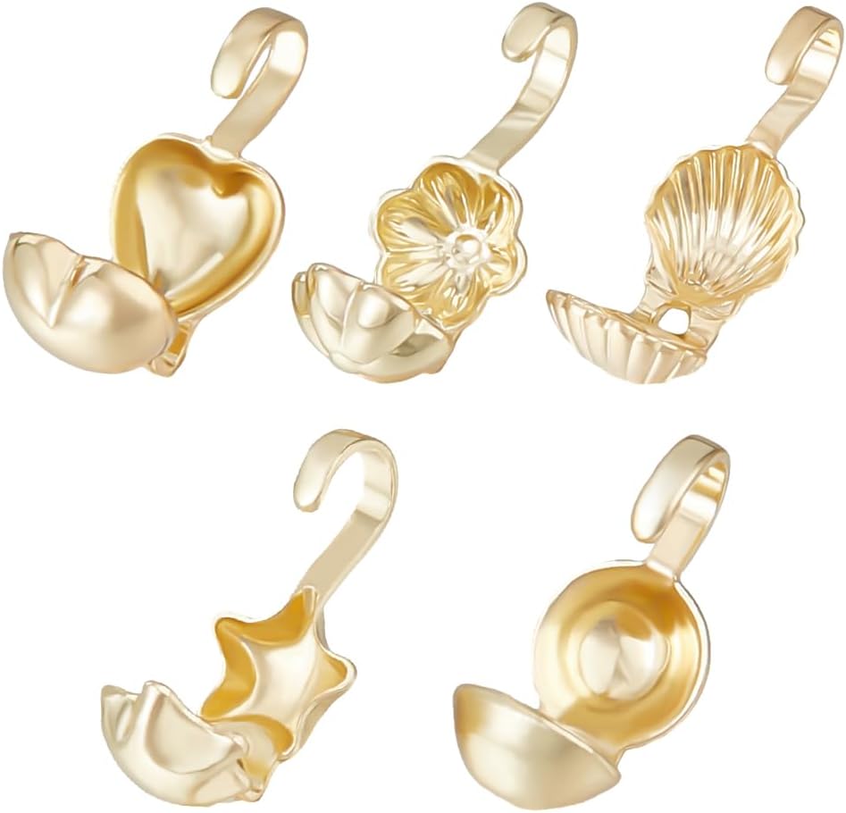 Beebeecraft 1 Box 100Pcs Bead Tips 14K Gold Plated Brass 5 Style Open Bead Tips Knot Cover Tiny Clamshell Fold-Over Culotte Ends Caps for Knots & Crimp Findings Jewelry Making, 4.5mm Inner Diameter