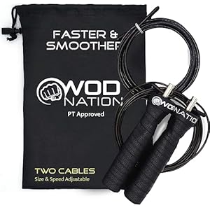 WOD Nation Attack Speed Jump Rope : Adjustable Jumping Ropes : Unique Two Cable Skipping Workout System : One Thick and One Light 11 Foot Cable : Perfect for Double Unders : Men and Women