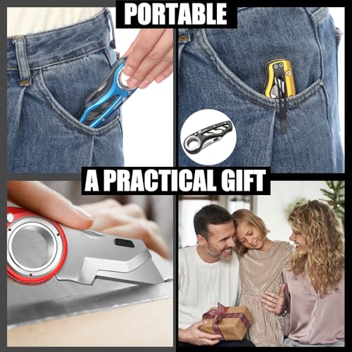 Image of Tondiamo 4 Pcs Folding Pocket Utility Knife Heavy Duty Box Cutter Folding Razor Knife with Anti Slip Finger Loop Easy Change Blades 3 Lock Positions Design (Yellow,Red,Black,Blue)