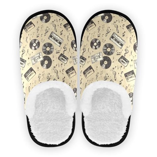 Women's Men's Fuzzy Slippers Cozy House Shoes Travel Warm Vintage Records Tapes Slippers