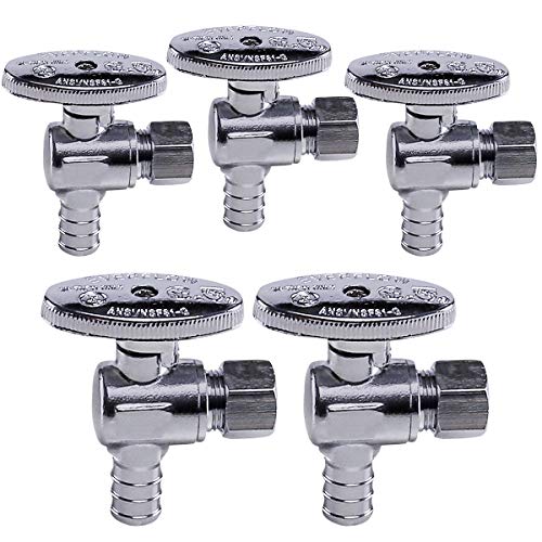 Image of Midline Valve 81512QS-OM-5 Water Supply Stop Valve with Quarter Turn Wheel; Angle Shut-off for Toilet, Sink, Dishwasher; 1 /2'' PEX x 3 /8'' Compression; Chrome Plated Brass (5 PK)