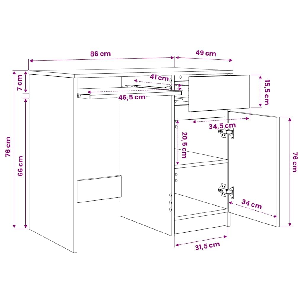 Scrivania in legno di rovere affumicato, con cassetto e mensola, 86 x 49 x 76 cm, per PC, laptop, ufficio, postazione di lavoro, casa, ufficio, spazio per tastiera, monitor da gioco