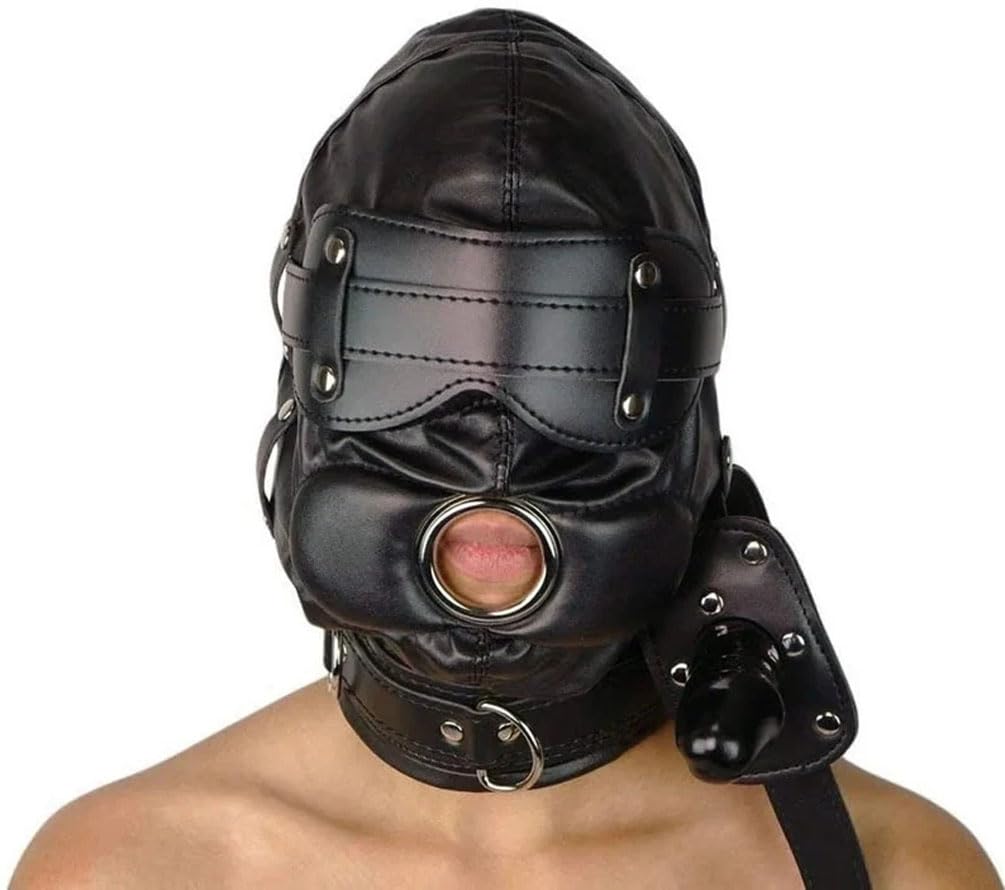 Leather Black Bondage BDSM Fetish Head Hood Mask with Mouth Dildo Restraints Gags