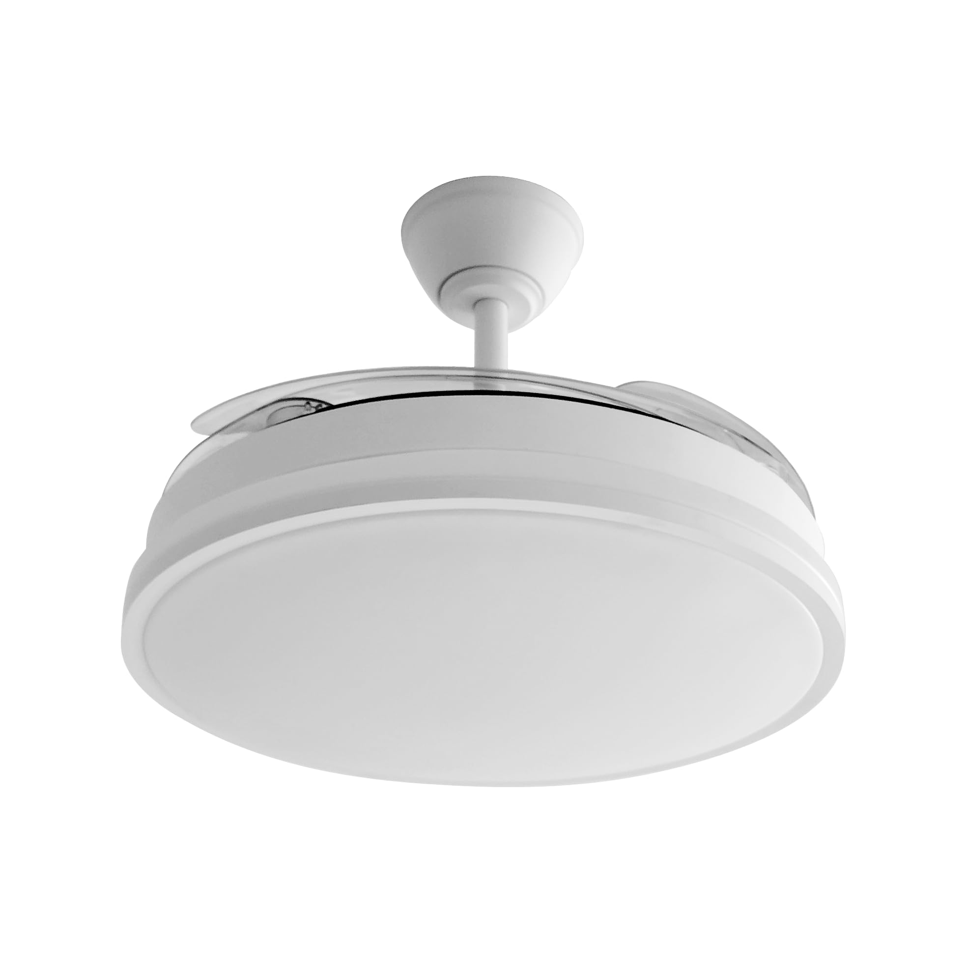 Ventilador de Techo LED, Blanco, con Mando a Distancia y Temporizador – 3 Aspas Transparentes, Motor DC, 6 Velocidades, 4900 lm, 3 Tonos de Luz (3500K/4000K/6500K), Ø107 cm, MD1401