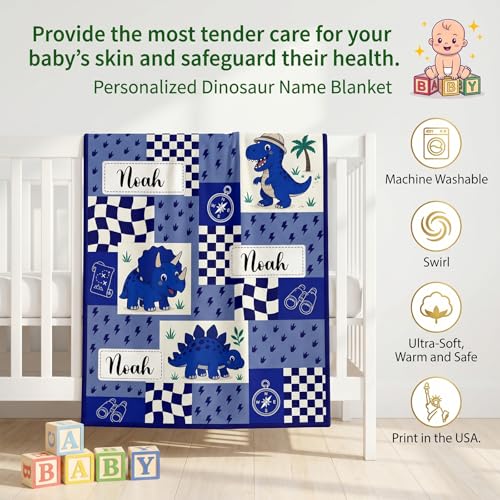 Image of Personalized Baby Boy Blanket with Name, Custom Dinosaur Flannel Fleece Throw Blankets for Newborns & Toddlers, Safari T-Rex Nursery Decor, Unique for Boys