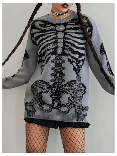 Floerns Women's Grunge Skull Print Knit Sweater Long Sleeve Street Punk Pullover Tops4