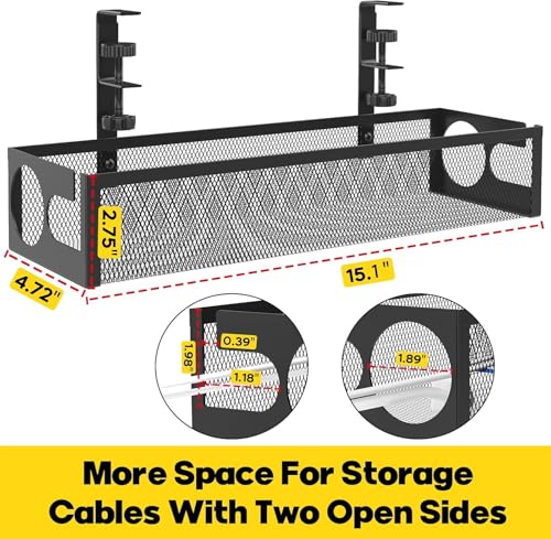 Image of Under Desk Cable Management Tray with Clamp, No Drill Metal Mesh Cable Organizer Rack for Desk Wire Storage, Computer Cord Holder Basket for Office Home Workspace Setup