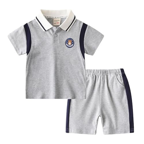 Image of Baby Boys Color Block Lapel T-Shirt Cute Bear Print Short Sleeve Shirt and Shorts Summer Clothes Set 2Pcs (Gray,3 Years)