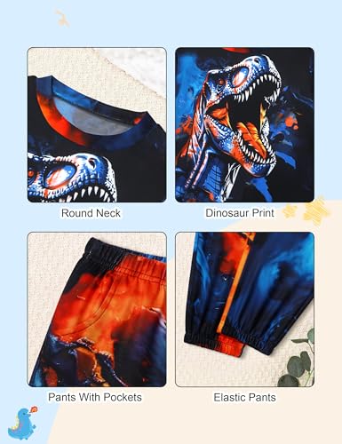 Image of Boys Clothes, T-Rex Print Dinosaur Boy Clothes Fall Winter Outfits Long-sleeved Hooded Sweatshirt Pants 2Pcs Set