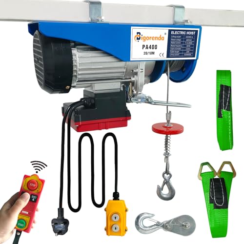 Bigorenda Electric Hoist Lift 400KG Wireless Remote Control/Wired Control 2 in 1 Winches Electric Hoist 20M/10M Lifting Height Single/Double Sling Emergency Stop Switch for Factory Warehouse Garage