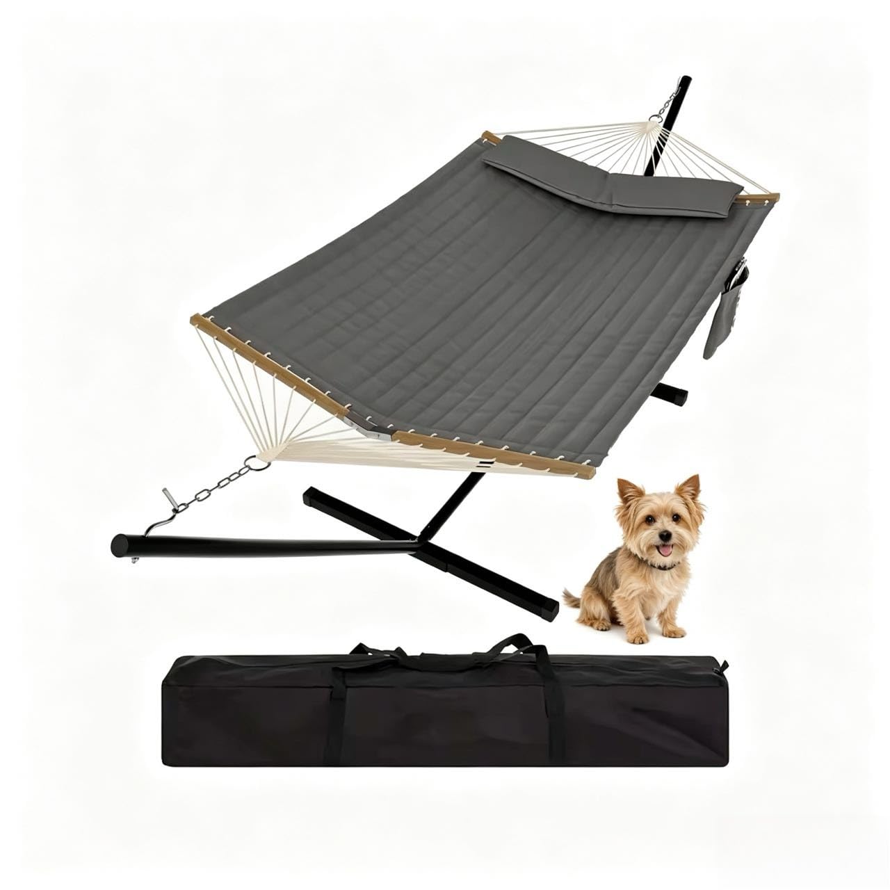 450Lbs Hammock with Stand, Garden Double Hammocks with Stable Metal Stand, Detachable Pillow, v Shaped Hardwood Spreader Bar for Indoor, Outdoor, Backyard, Beach, Grey