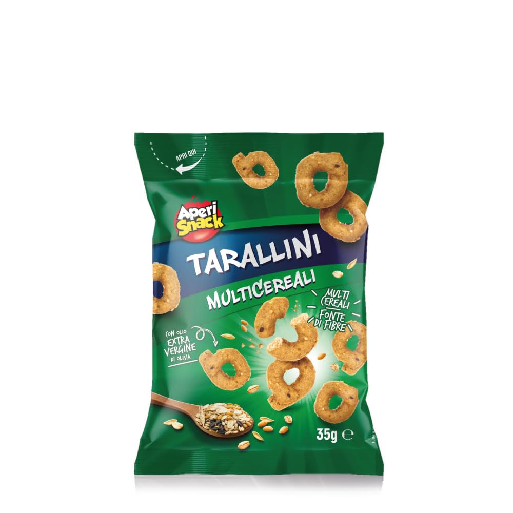 Aperisnack® - AP01.016.03 Box 50 pz - Tarallini Multicereale Box 50pz Monoporzione 35g Snack Salati Ideali per l'Aperitivo e Le tue Feste.Tarallini con Grano, Segale, Orzo, Grano Arso e Avena