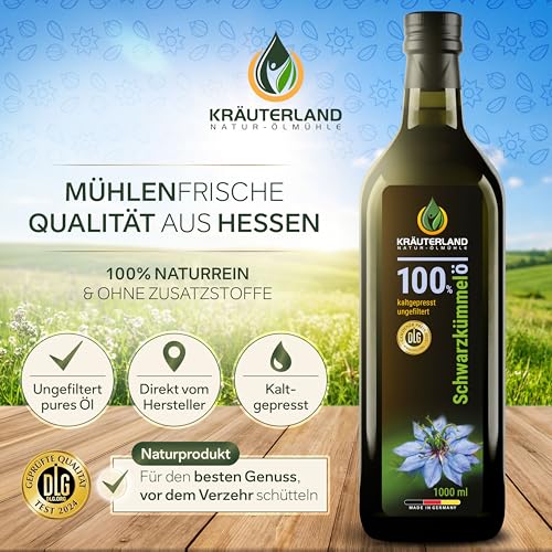 Kräuterland Schwarzkümmelöl 1L (1000ml), ungefiltert, Kaltgepresst, 100% Nigella Sativa, ohne Zusatz von Aromen, Frabstoffe & Konservierungsstoffe - direkt aus unsrer hessischen Ölmühle