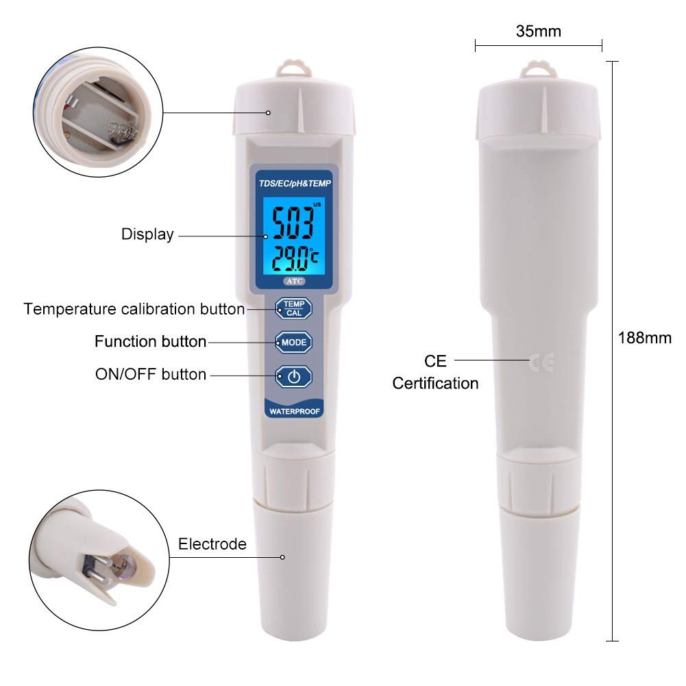 4 W 1 TDS Miernik PH/WE temperatury Cyfrowy tester monitora jakości wody do basenów, woda pitna, akwaria Do laboratorium
