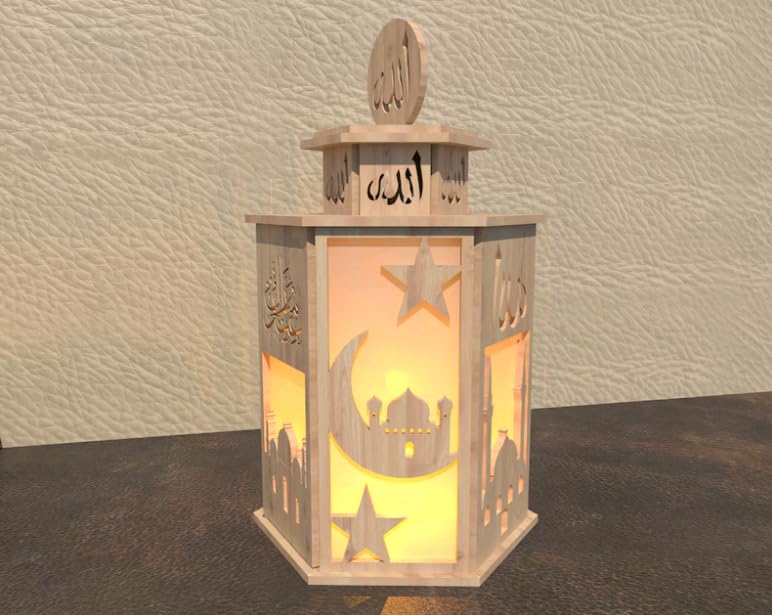 Wooden Ramadan Lantern LED Light Lamps Islamic Design Tealight Candle Holder for Home Decoration, 14x12x21.5 cm
