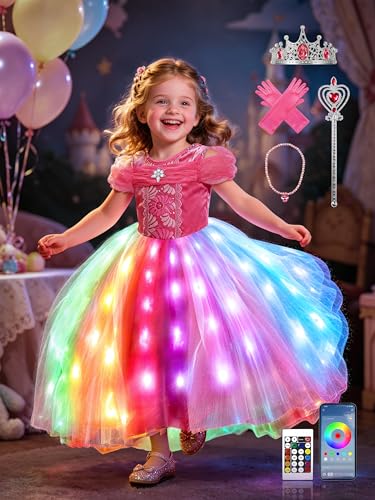 BLINGCOS Deguisement Fille, Robe de Princesse Sync avec Rythme de Musique, Contrôlable par APP, Robe Lumineuse LED RGB Kit de Fête avec 4pcs Accessoires pour...