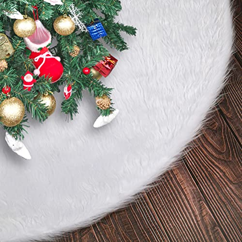 Snowy White Christmas Tree Skirt, 48 inch Large Faux Fur Xmas Plush Tree Skirt,Soft Plush Christmas Tree Mat Decorations for Christmas Decorations, Xmas Ornaments,Christmas Party Holiday Decorations