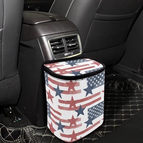 Image of Talayituse Star American Flag Print Car Trash Bin, Large Size Auto Trash Can Adjustable Portable Garbage Can with Lid, Vehicle Hanging Bag for Headrest Front Back Seat 4th of July Decor