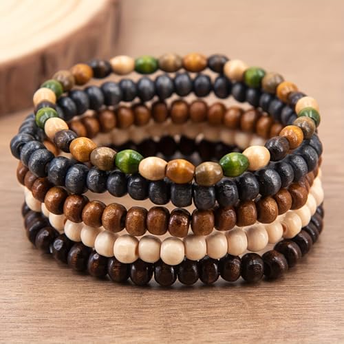 Set de 5 pulseras unisex de cuentas de madera Bohemia miniatura 2
