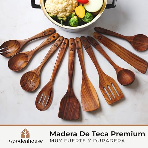 Miniatura 2 de Utensilios De Cocina Madera 12 Pzs - Set De Espátulas Y Cucharas De Madera, Con Soporte, Reposacucharas Y Ganchos. Antiarañazos. Accesorios Cocina Con Agarre Cómodo Para Sartenes Antiadherentes