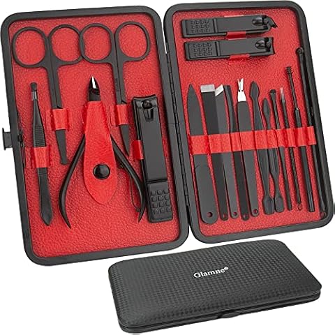 Glamne Manicure Pedicure Set Nail Clippers Kit Professional Stainless Steel Nail Care Tools with Leather Travel Case 18 in 1 Black Cover