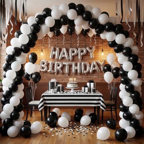 Image of YMSZ Black and White Balloons Garland Arch Kit, 134pcs White Balloon and Black Balloons for Birthday Anniversary Wedding Engagement Graduation Party Decorations