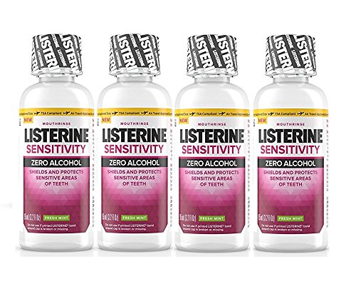 Listerine Sensitivity Mouthwash, Zero Alcohol Mouth Rinse, Fresh Mint, Travel Size 3.2 Ounces (95ml) - Pack of 4