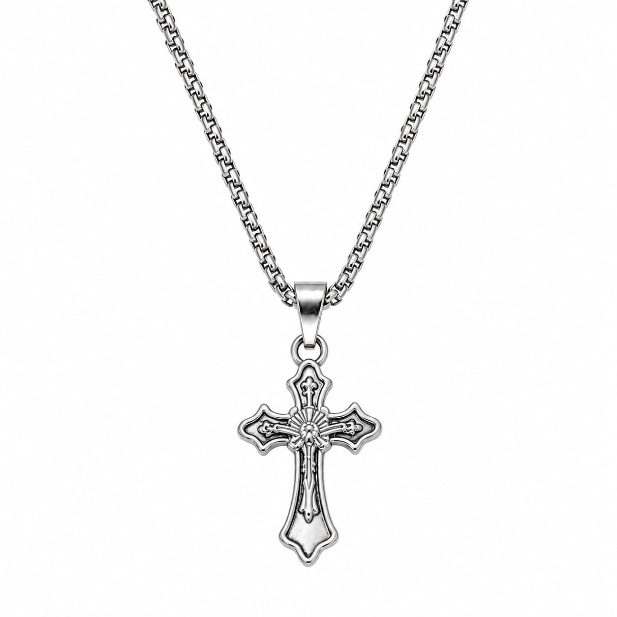 Men's Stainless Steel Gothic Cross Pendant Necklace, Silver, Box Chain, Religious Jewellery-image-15
