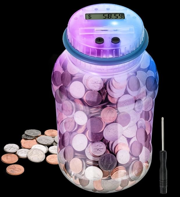 MOMMED Electronic Digital Money Box with Light, Automatic Coin Cash Box for Children and Adults, 1.8L LCD Display, Great Gift
