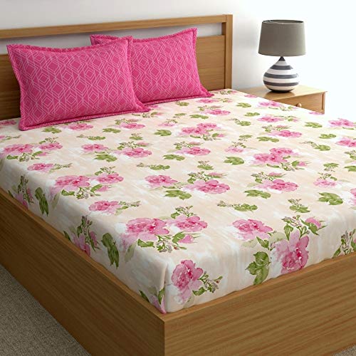 Image of Dreamscape 100% Cotton Bedsheet for Double Bed, 186 TC, 1 Bed Sheet (Size 87 x 94 inches) with 2 Pillow Covers - Pink