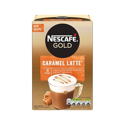 Original Nescafe Gold Caramel Latte - Bolsas de café con leche importadas del Reino Unido, Inglaterra, café instantáneo en granos finamente con