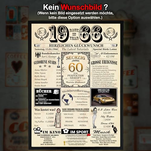 DUOMIO 1966-6 Felder PERSONALISIERBAR! zum 60. Geburtstag Mann & 60. Geburtstag Frau - Ausdruck auf 400g/m² Premium Papier - Geschenke zum 60. Geburtstag & Deko - Back in Year