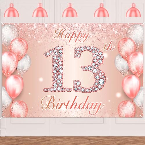Image of Happy 13th Birthday Rose Gold Banner Cheers to 13 Years Old Backdrop Confetti Balloons Theme Decor for Girls 13 Years Old Pink Birthday Party Decorations Bday Supplies Background Favors Gift Glitter