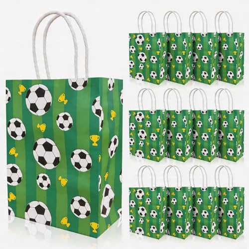 LAOREI 12 Pcs Soccer Goodie Bags, Green Soccer Party Favor Bags with Handles, Paper Gift Bags Soccer Themed Party Gift Bags for Birthday Party Soccer Party Supplies