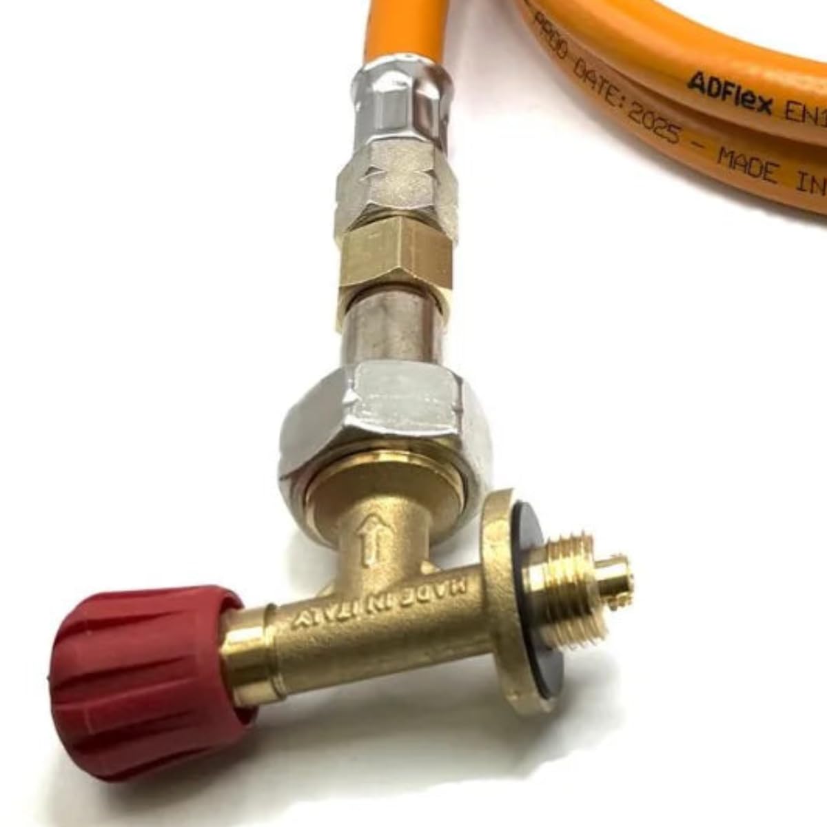LPG Hochdruck-Gasschlauch-Set orange 80cm - 27mm Clip-On Gasflaschenadapter und 16mm Camping Gasabsperrventil