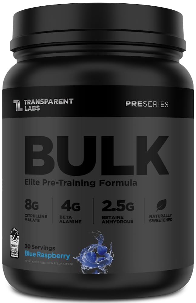 Transparent LabsBulk Black Pre Workout - Clinically Dosed, Naturally Sweetened Preworkout for Men and Women with Beta Alanine Powder, Citrulline Malate, & Caffeine- 30 Servings, Blue Raspberry