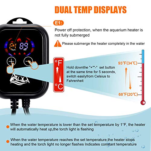 Image of AQQA Aquarium Heater, 1000W Fish Tank Heater Submersible Betta Fish Heater for Aquarium Thermostat Pond Heater for Freshwater and Saltwater (1000W for 120-280 Gallon Tank)