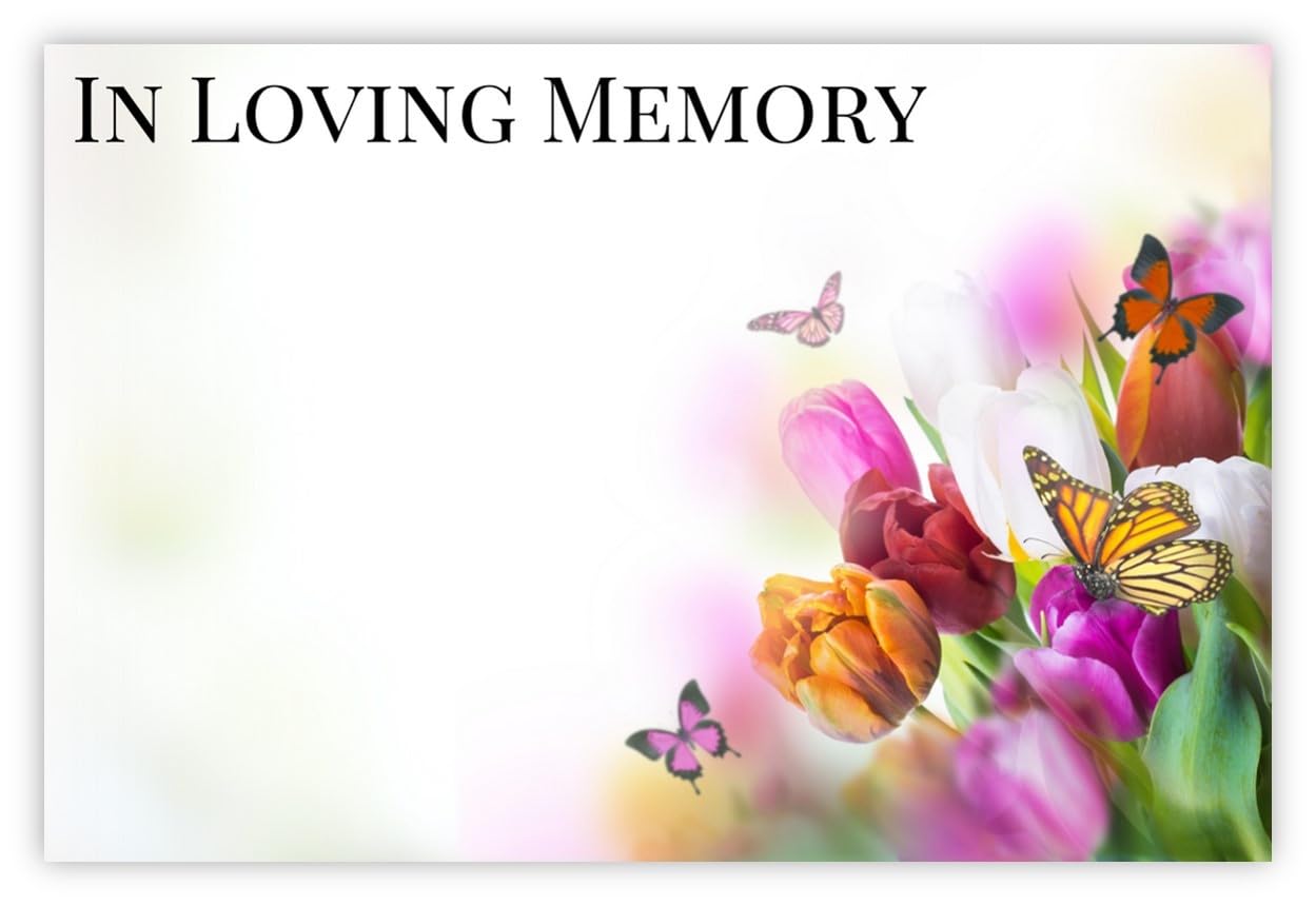 celloexpress In Loving Memory (Butterflies & Tulips) Flower Message Cards - 60mm x 90mm - Bereavement Florist Card Sympathy Condolences Notes (Pack of 50) — image 1