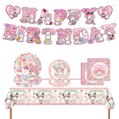 Meledy Birthday Party Supplies Kawaii Cartoon Party Tableware with Happy Birthday Banner Tablecloth Disposable Paper Plates with Napkins for Fans Kids Party Decorations Serves 20 Guests