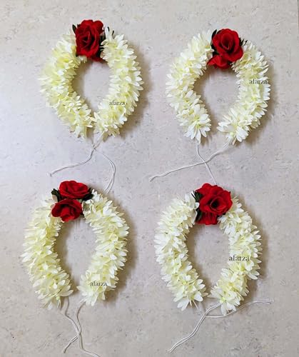 Image of Veni Gajra Hair Bun Artificial mogra Jasmine With Gulab Juda Scrunchies For Women Pack 4 pieces (gulab-white)