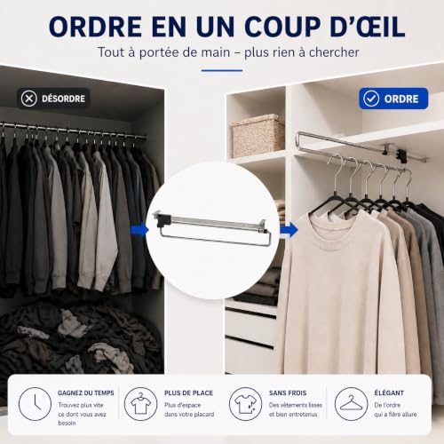 Tringle à vêtements extensible avec support coulissant fluide