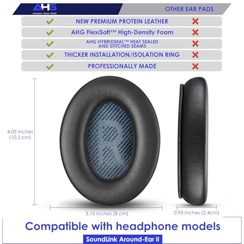 Image of AHG Premium SoundLink AE2 Ear Pads Cushions Compatible with Bose SoundLink AE2 / Bose SoundLink Around Ear ii Wireless Headphones (Black). Premium Protein Leather | Extra Thick Soft High-Density Foam | Easy DIY Fit | Premium Protein Leather | Extra Thick | Soft High-Density Foam
