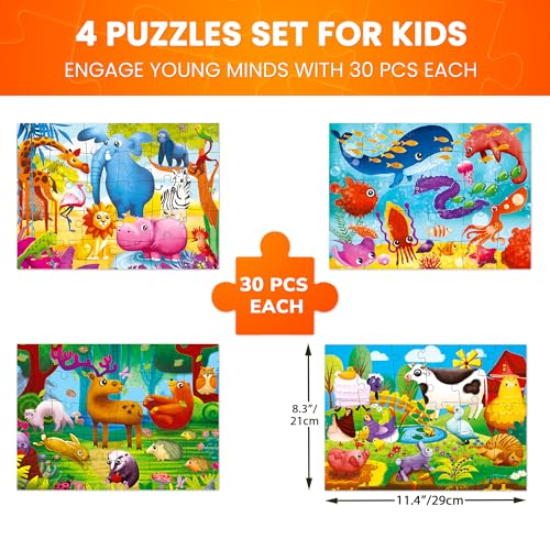 Image of QUOKKA Puzzles for Toddlers 3-5 - 4 x 30 Pieces Puzzles for Kids Ages 2-4 - Animal Learning Jigsaw Puzzle for Kids 4-6 Years Old - Educational Toys for Boy and Girl