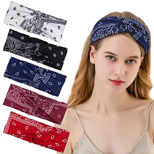 FITDON 5 Pieces Boho Headband Women's Hair Bands Wide Elastic Hairband Turban Fashion Hair Accessories, Multi-colored