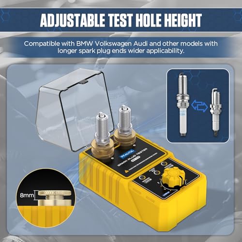 VKALTUL Zündkerzen Tester, 220V Zündfunkenprüfer mit 2 Höhenverstellbaren Testlöchern,0~6000rpm, Simuliert die Motorleistung, Schutzhülle, Plug and Play für 12V Fahrzeug