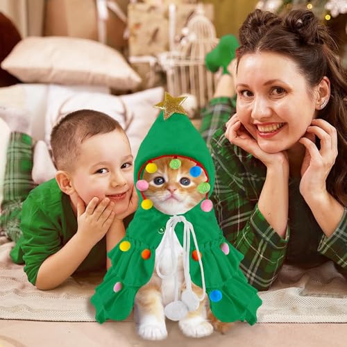 XIMISHOP Weihnachtskostüm Katzen Hunde Umhang,Katzenbekleidung Weihnachtsbaum Umhang Mit Design Stern und Bommel Klassische Grün Weihnachtskleidung Für Weihnacht Haustier Party
