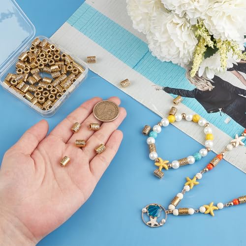 SOFPLATE 1 Box 100Pcs Hollow Tube Beads Gold Column Spacer Bead Bulk Tibetan Antique Golden Alloy Metal Curved Large Hole Bracelet Loose Beads for jewellery Making Necklace Bracelet Charms DIY Crafts - Image 3